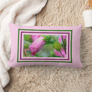 PINK HIBISCUS, FURLED/PINK, GREEN ,PLUM COLORS LUMBAR PILLOW