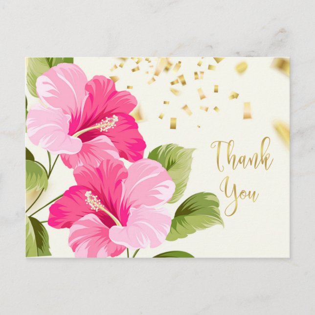 Pink Hibiscus, golden confetti Thank You Postcard (Front)