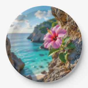 Pink Hibiscus Growing in a Rocky Cliff Paper Plates