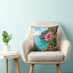 Pink Hibiscus Growing in a Rocky Cliff Throw Pillow