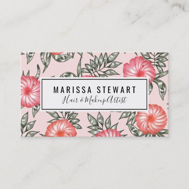 Pink Hibiscus Hawaiian Flower Pattern Business Card (Front)