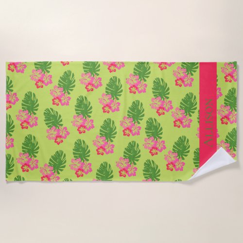 Pink Hibiscus Hawaiian Flower Pattern In Green Beach Towel