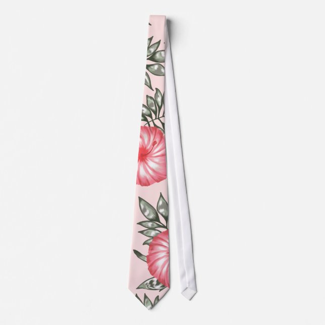 Pink Hibiscus Hawaiian Flower Pattern Neck Tie (Front)