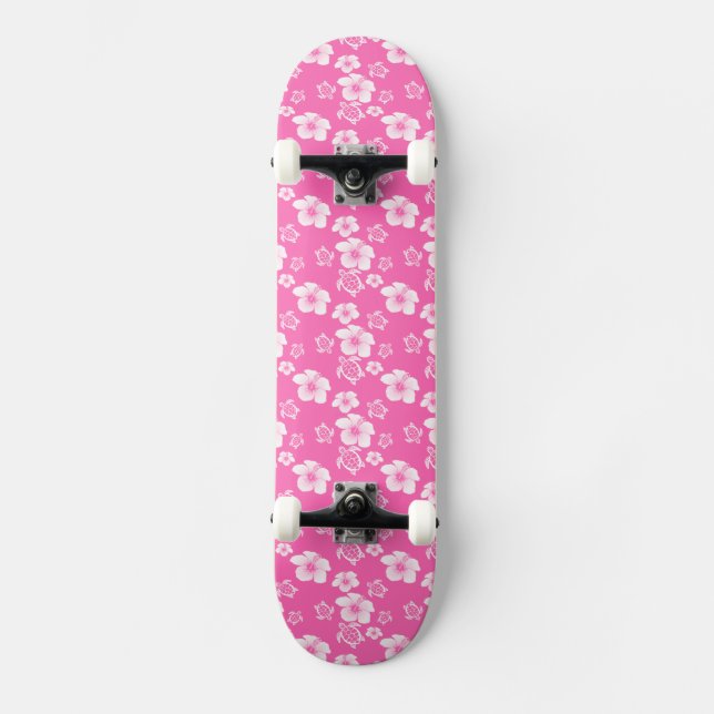 Pink Hibiscus Honu Hawaiian Pattern Skateboard Deck (Front)