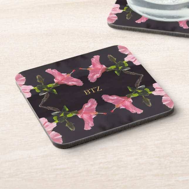 Pink Hibiscus on Black Beverage Coaster (Left Side)