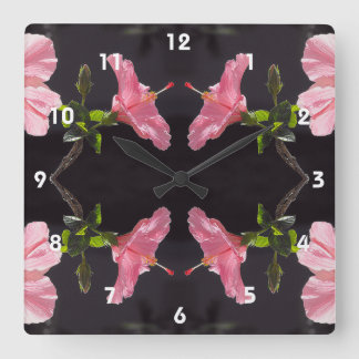Pink Hibiscus on Black Square Wall Clock
