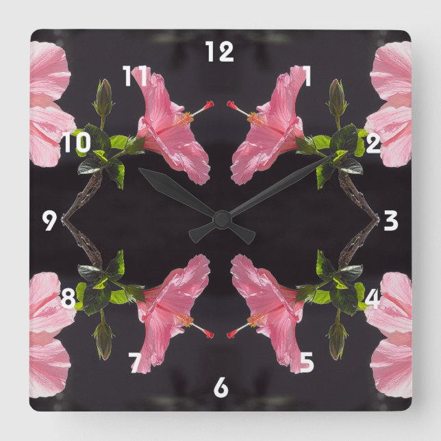 Pink Hibiscus on Black Square Wall Clock (Front)