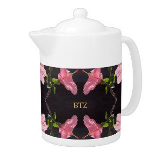 Pink Hibiscus on Black Teapot