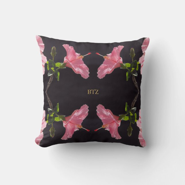 Pink Hibiscus on Black Throw Pillow (Front)