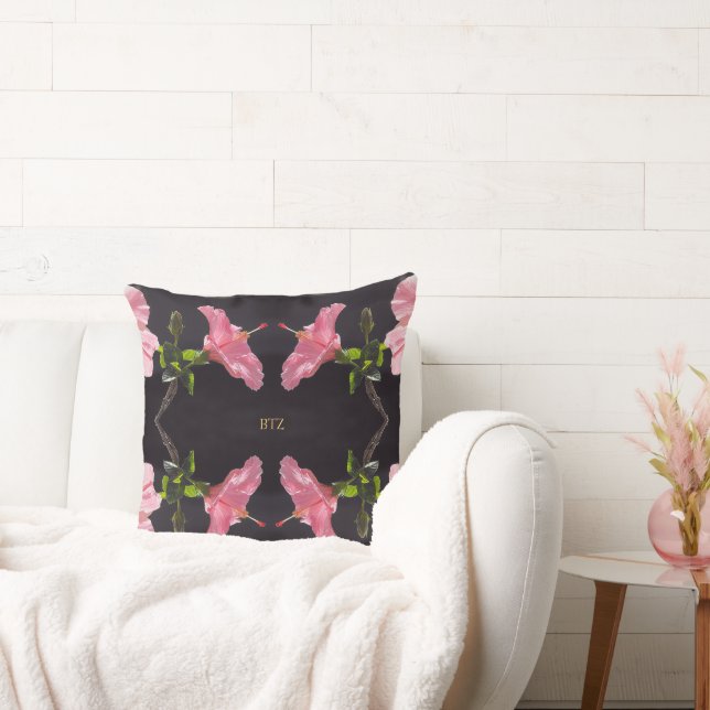 Pink Hibiscus on Black Throw Pillow (Couch)