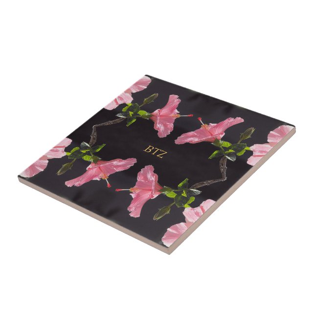 Pink Hibiscus on Black Tile (Side)