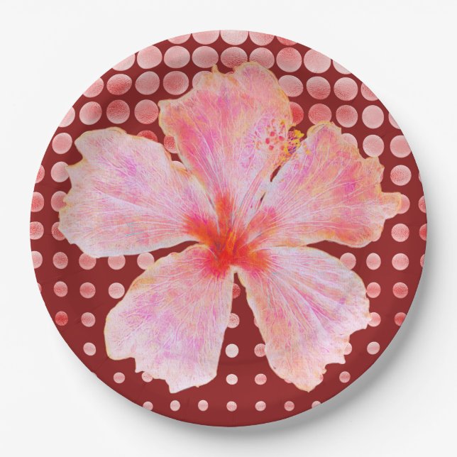 Pink Hibiscus on Red Dotted Background Paper Plates (Front)