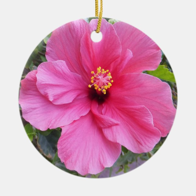 Pink Hibiscus ornament, customize Ceramic Ornament (Front)