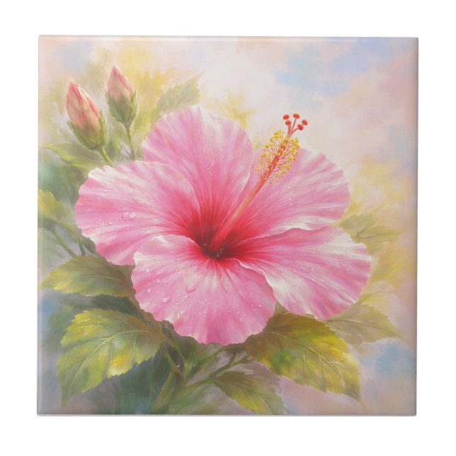 Pink Hibiscus - Painting Style Art Ceramic Tile (Front)