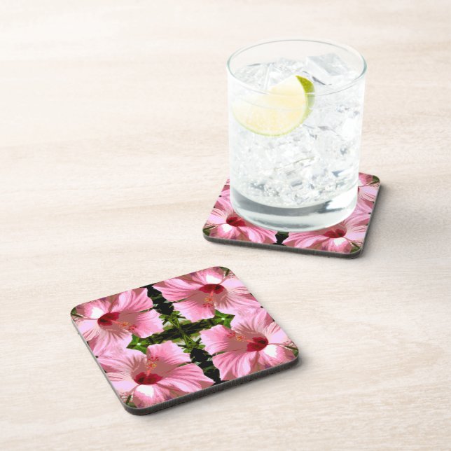 Pink Hibiscus Pattern Drink Coaster (Right Side)