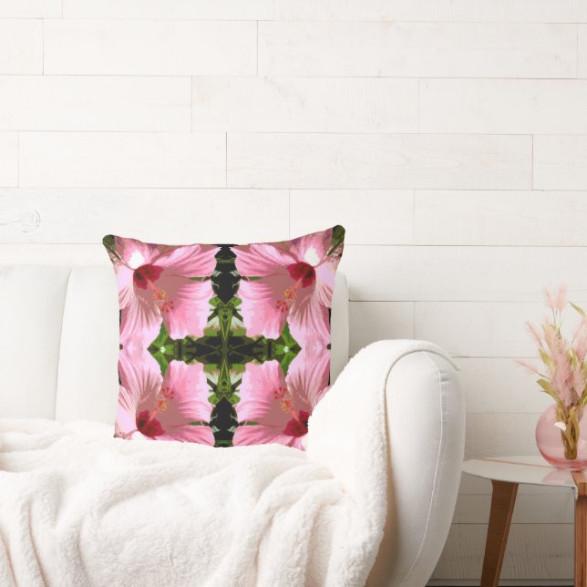 Pink Hibiscus Pattern Throw Pillow (Couch)