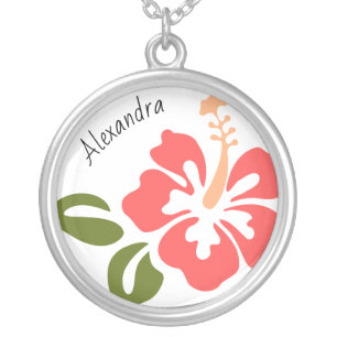Pink Hibiscus Personalized Silver Plated Necklace