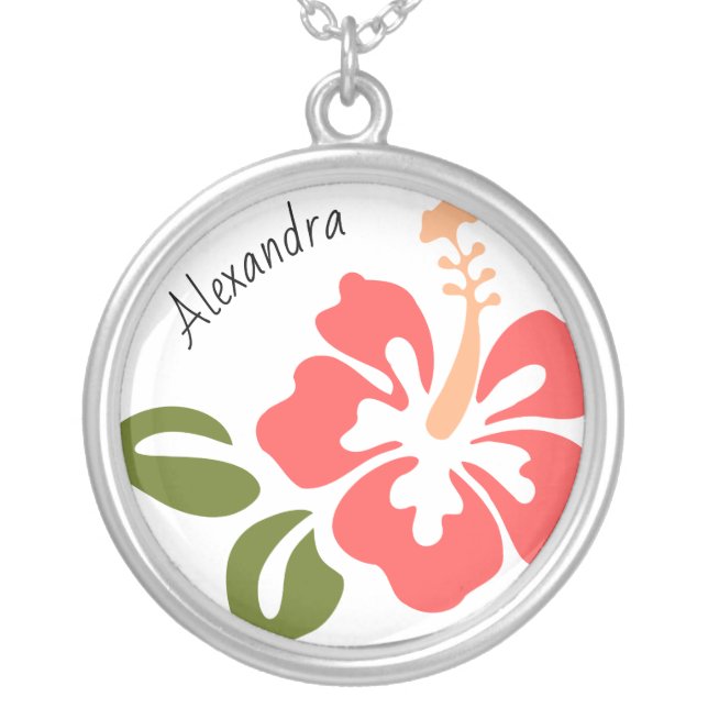 Pink Hibiscus Personalized Silver Plated Necklace (Front)