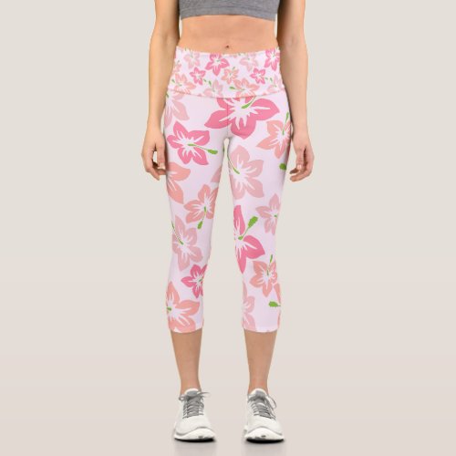 Pink Hibiscus Pink Flowers Pattern Of Flowers Capri Leggings