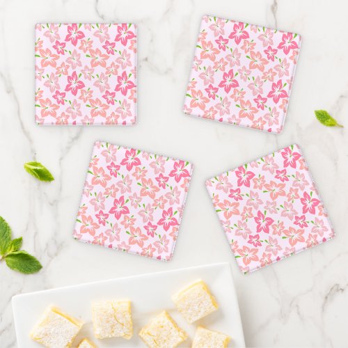 Pink Hibiscus Pink Flowers Pattern Of Flowers Coaster Set