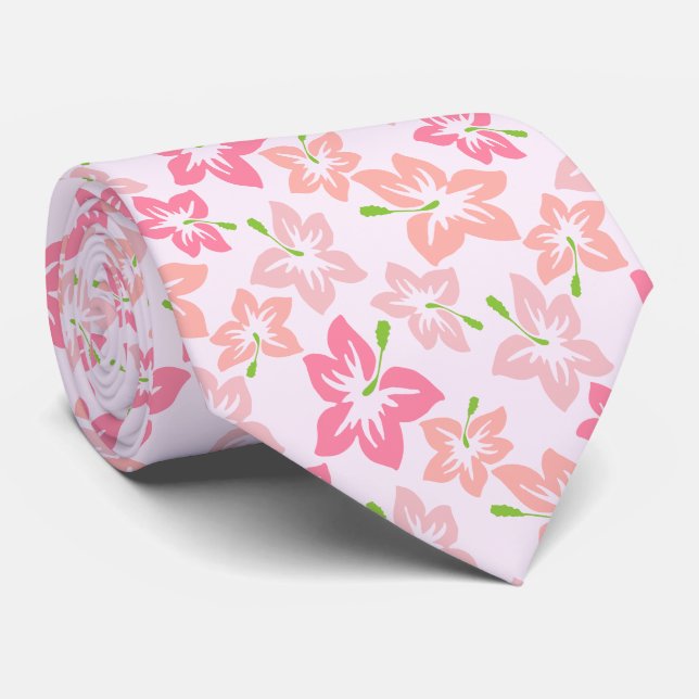 Pink Hibiscus, Pink Flowers, Pattern Of Flowers Neck Tie (Rolled)