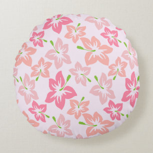 Pink Hibiscus, Pink Flowers, Pattern Of Flowers Round Pillow