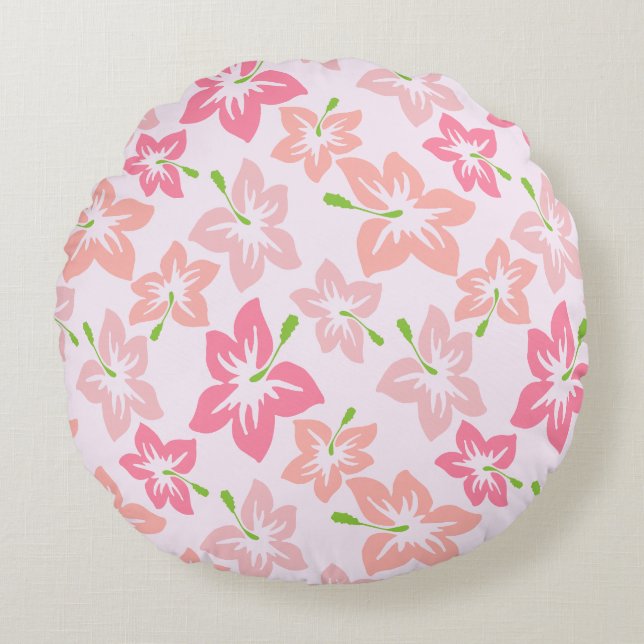 Pink Hibiscus, Pink Flowers, Pattern Of Flowers Round Pillow (Front)