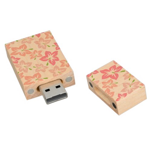 Pink Hibiscus Pink Flowers Pattern Of Flowers Wood Flash Drive