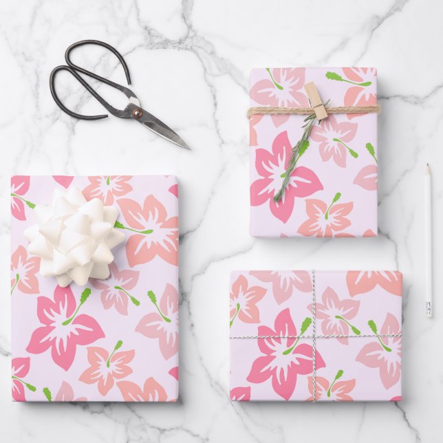 Pink Hibiscus, Pink Flowers, Pattern Of Flowers Wrapping Paper Sheets (Front)