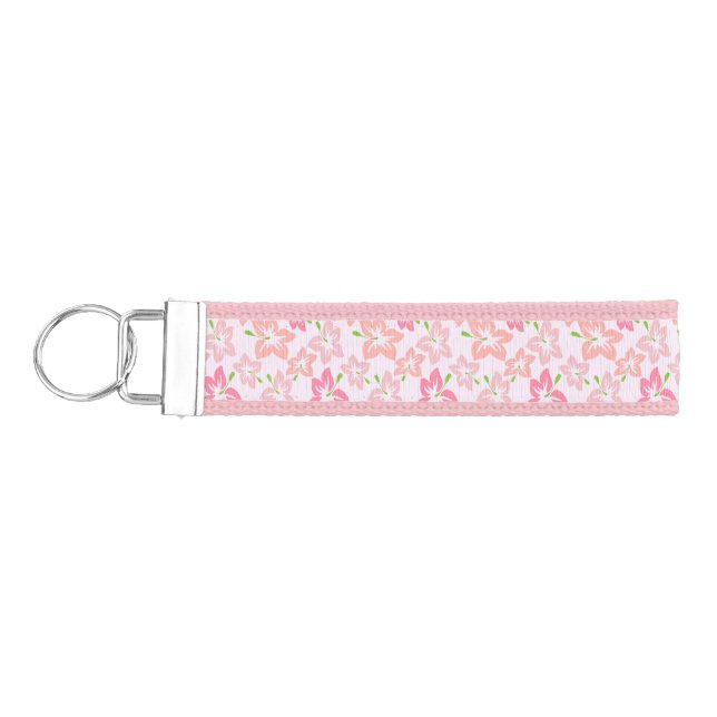 Pink Hibiscus, Pink Flowers, Pattern Of Flowers Wrist Keychain (Keys on Left)