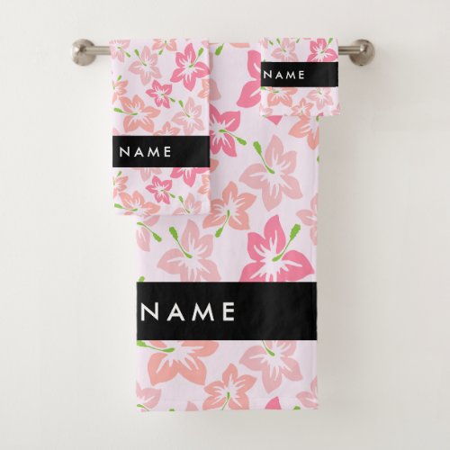 Pink Hibiscus Pink Flowers Your Name Bath Towel Set