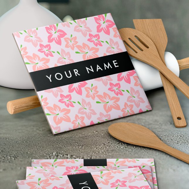 Pink Hibiscus, Pink Flowers, Your Name Ceramic Tile (Creator Uploaded)