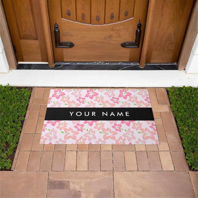 Pink Hibiscus, Pink Flowers, Your Name Doormat (Outdoor)