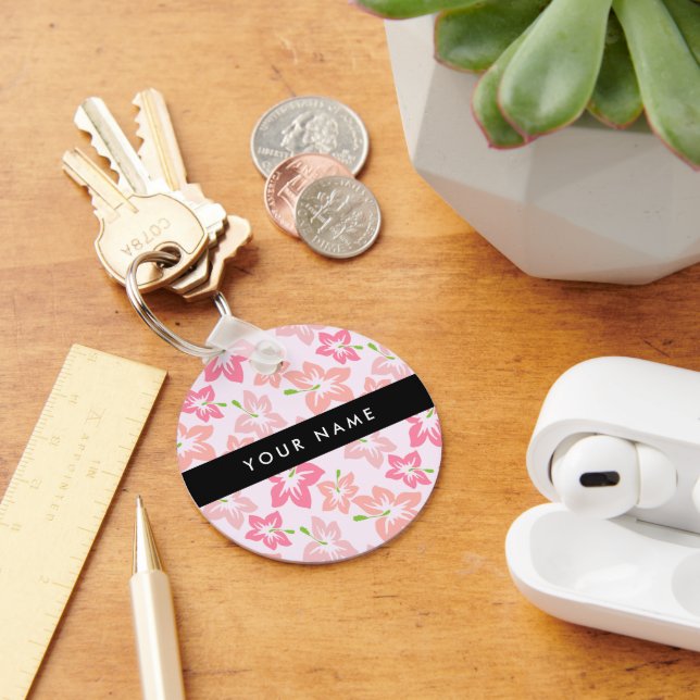 Pink Hibiscus, Pink Flowers, Your Name Keychain (Desk)