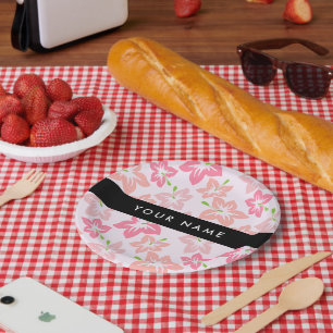 Pink Hibiscus, Pink Flowers, Your Name Paper Plates