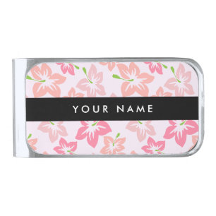 Pink Hibiscus, Pink Flowers, Your Name Silver Finish Money Clip