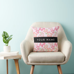 Pink Hibiscus, Pink Flowers, Your Name Throw Pillow