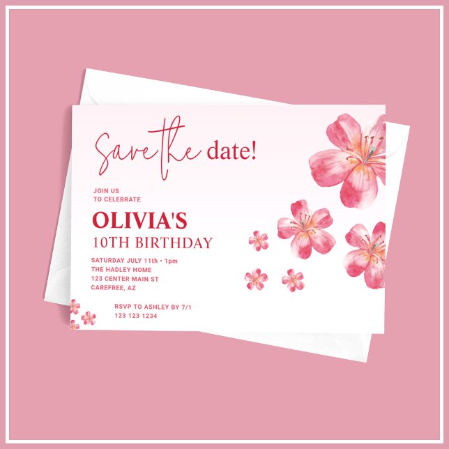Pink Hibiscus Save the Date Kid's Birthday Invitation (Creator Uploaded)