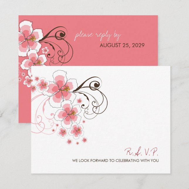 Pink Hibiscus Tropical Beach Wedding RSVP Card (Front/Back)