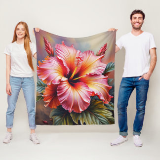 Pink Hibiscus Tropical Fleece Blanket
