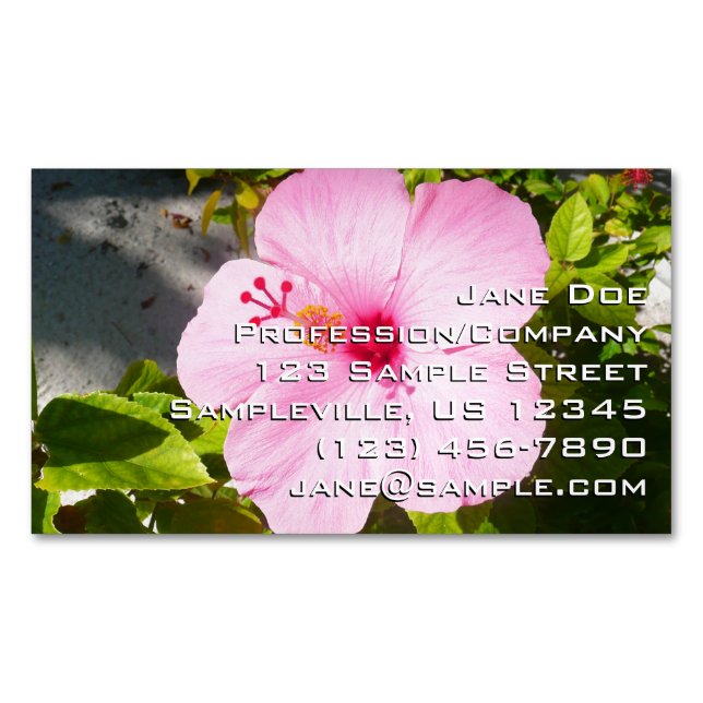 Pink Hibiscus Tropical Flower Business Card Magnet (Front)
