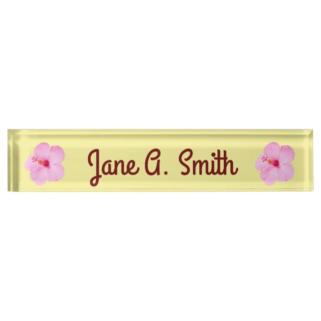 Pink Hibiscus Tropical Flower Desk Name Plate (Front)