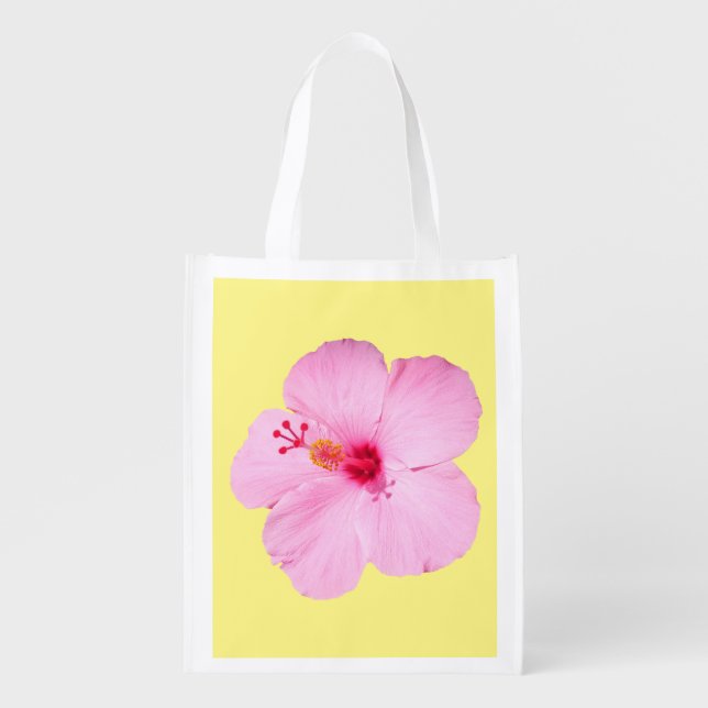 Pink Hibiscus Tropical Flower Grocery Bag (Front)