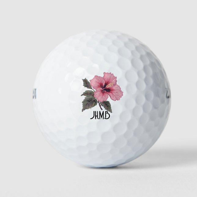 Pink Hibiscus Tropical Flower Monogram Art Golf Balls (Front)