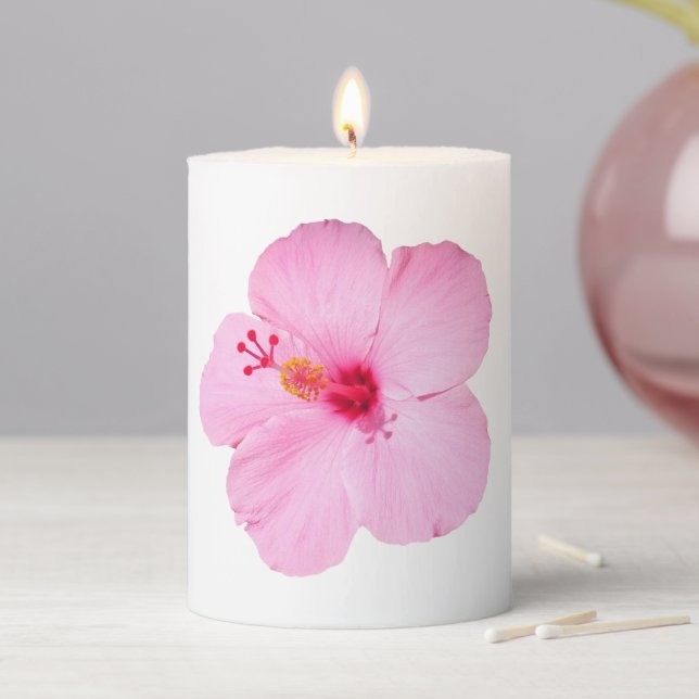 Pink Hibiscus Tropical Flower Pillar Candle (In Situ)