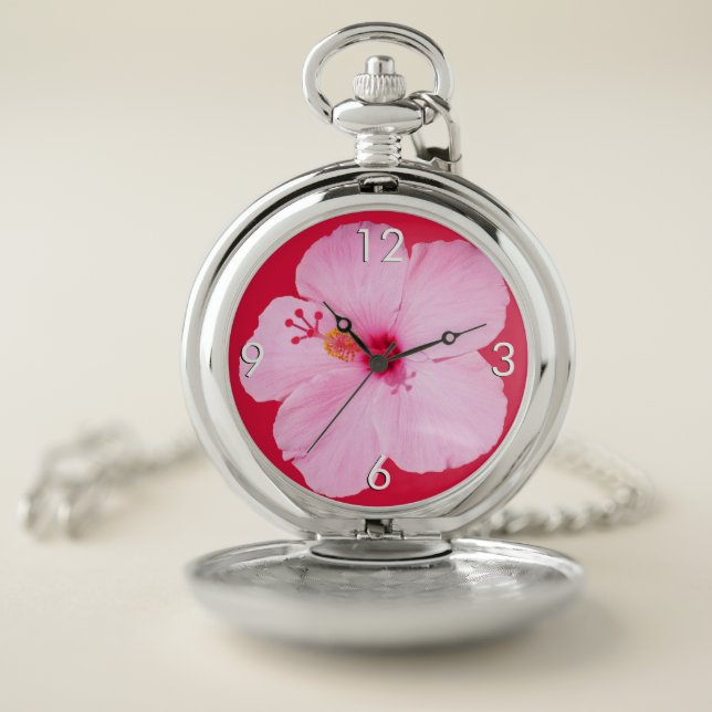 Pink Hibiscus Tropical Flower Pocket Watch (Inside)