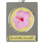 Pink Hibiscus Tropical Flower Silver Plated Banner Ornament