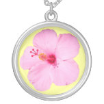 Pink Hibiscus Tropical Flower Silver Plated Necklace