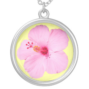 Pink Hibiscus Tropical Flower Silver Plated Necklace