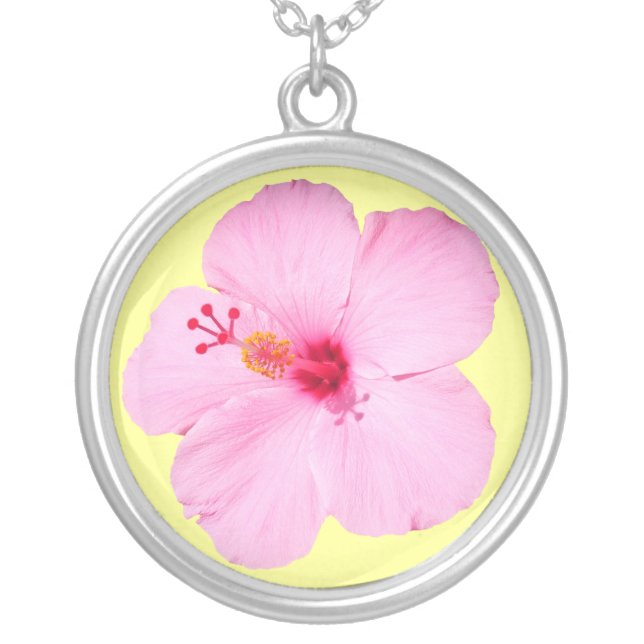 Pink Hibiscus Tropical Flower Silver Plated Necklace (Front)